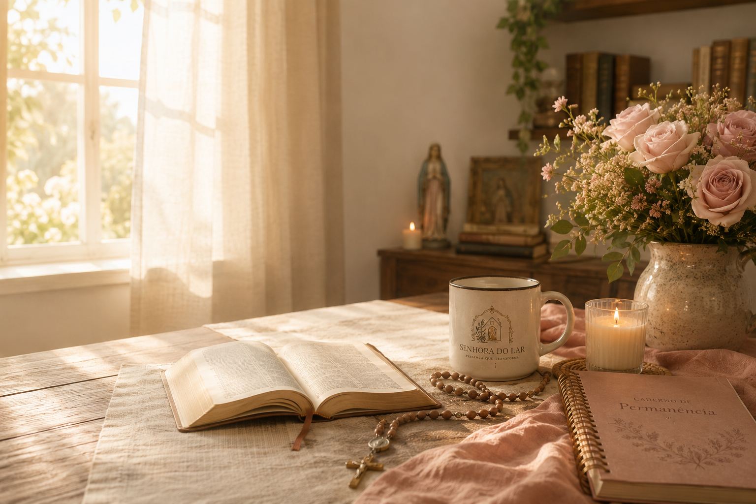 Mesa de madeira com Bíblia aberta, caneca Senhora do Lar, vela acesa, rosas rosé, imagem de Nossa Senhora, crucifixo, rosário e Caderno de Permanência banhados pela luz natural da janela